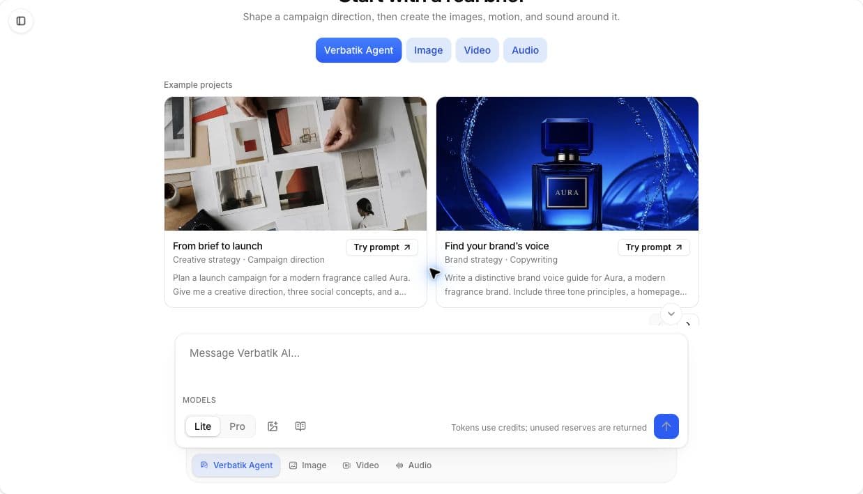 Creative workspace with Agent, Image, Video, and Audio modes