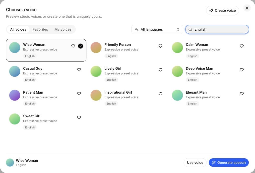 Current voice library filtered to English preset voices